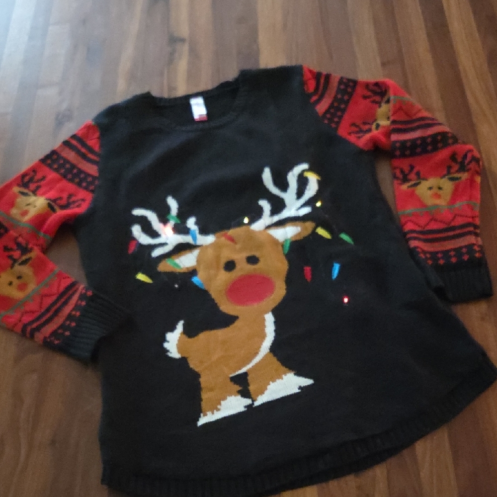 Festive Reindeer Twinkle Lightup Christmas Holiday Sweater Junior XL